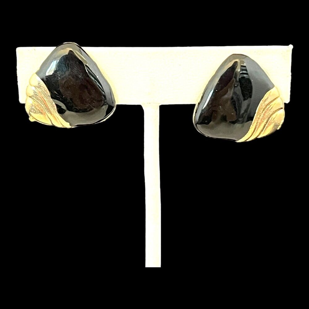Vintage 1980s Earrings Gold Tone Black Enamel Clip On - 2X